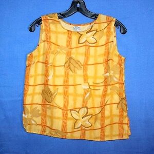 Erika Brooke Sleeveless Top - Women's Size S - Plaid & Leaf Print - Gold Tones